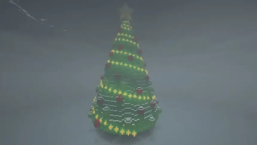 Snowy picture of a Christmas tree built in Minecraft